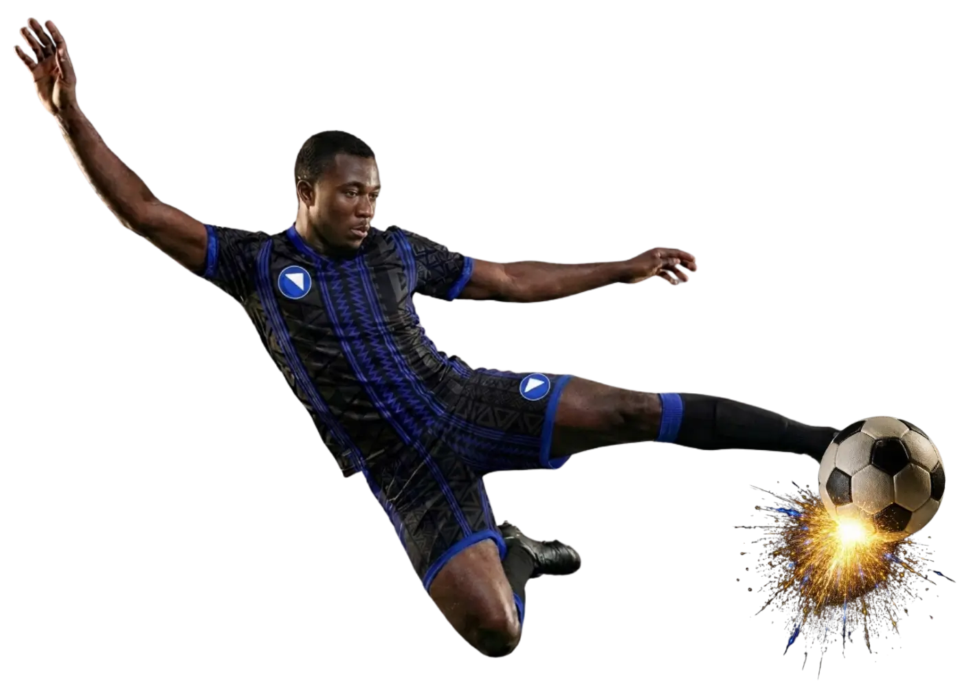 Um futebolista com equipamento azul-escuro a rematar a bola no ar, com um clarão de luz à volta da bola.