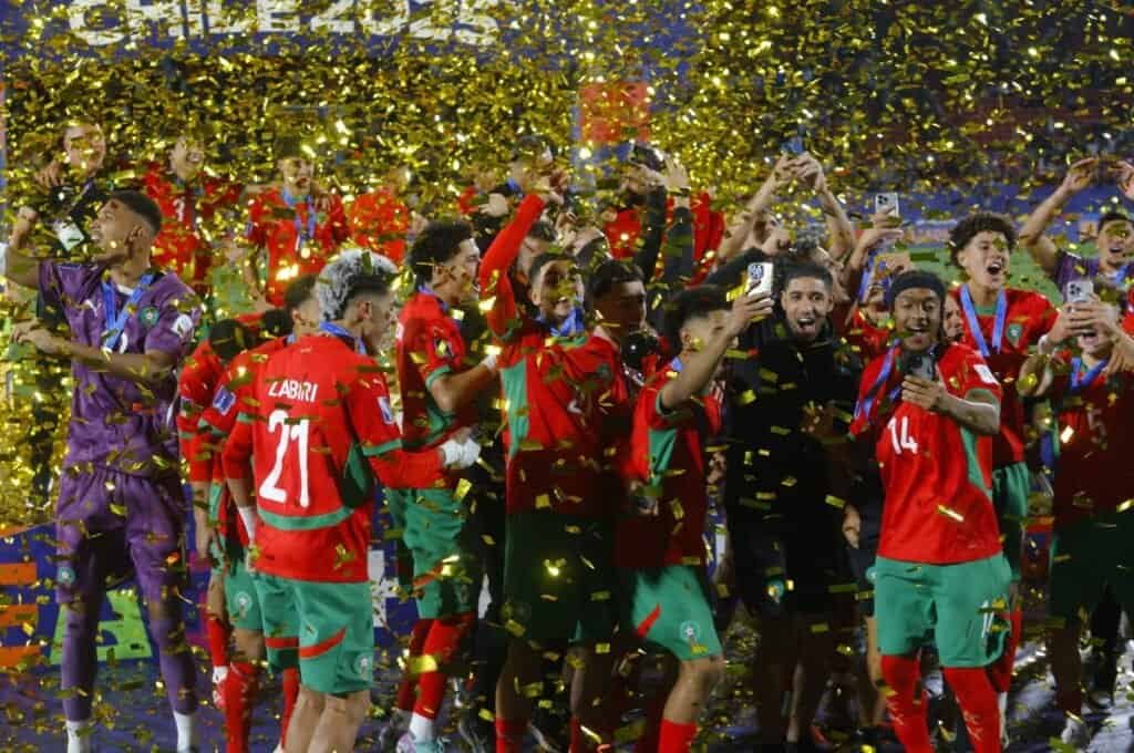 Morocco players celebrate winning the U20 World Cup 