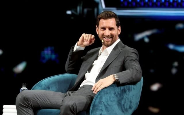 Lionel Messi speaks at the America Business Forum in Miami