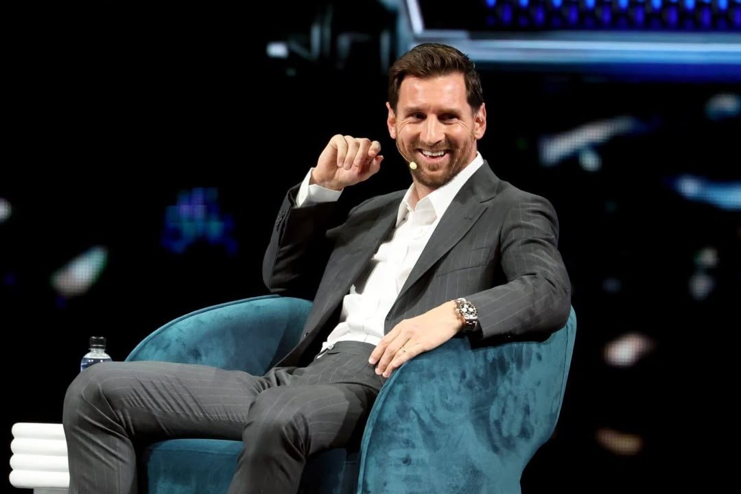 Lionel Messi speaks at the America Business Forum in Miami